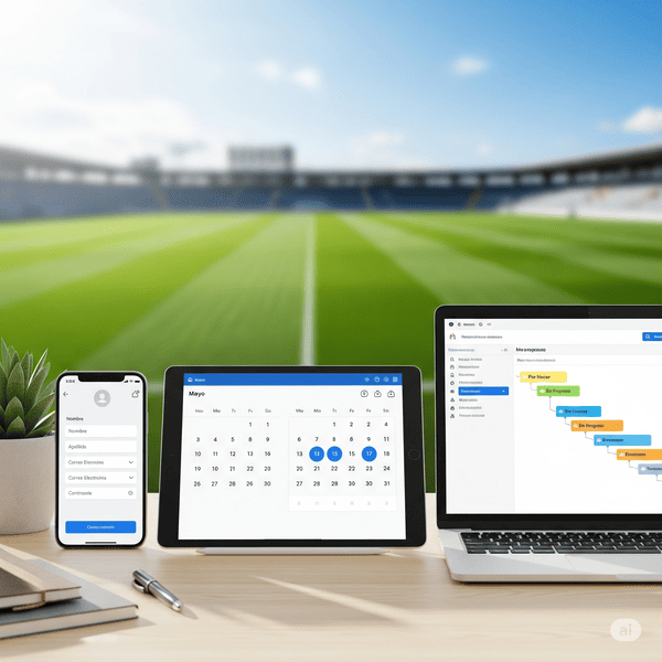 La interfaz de Cluby mostrada en un teléfono móvil, una tablet y un ordenador portátil